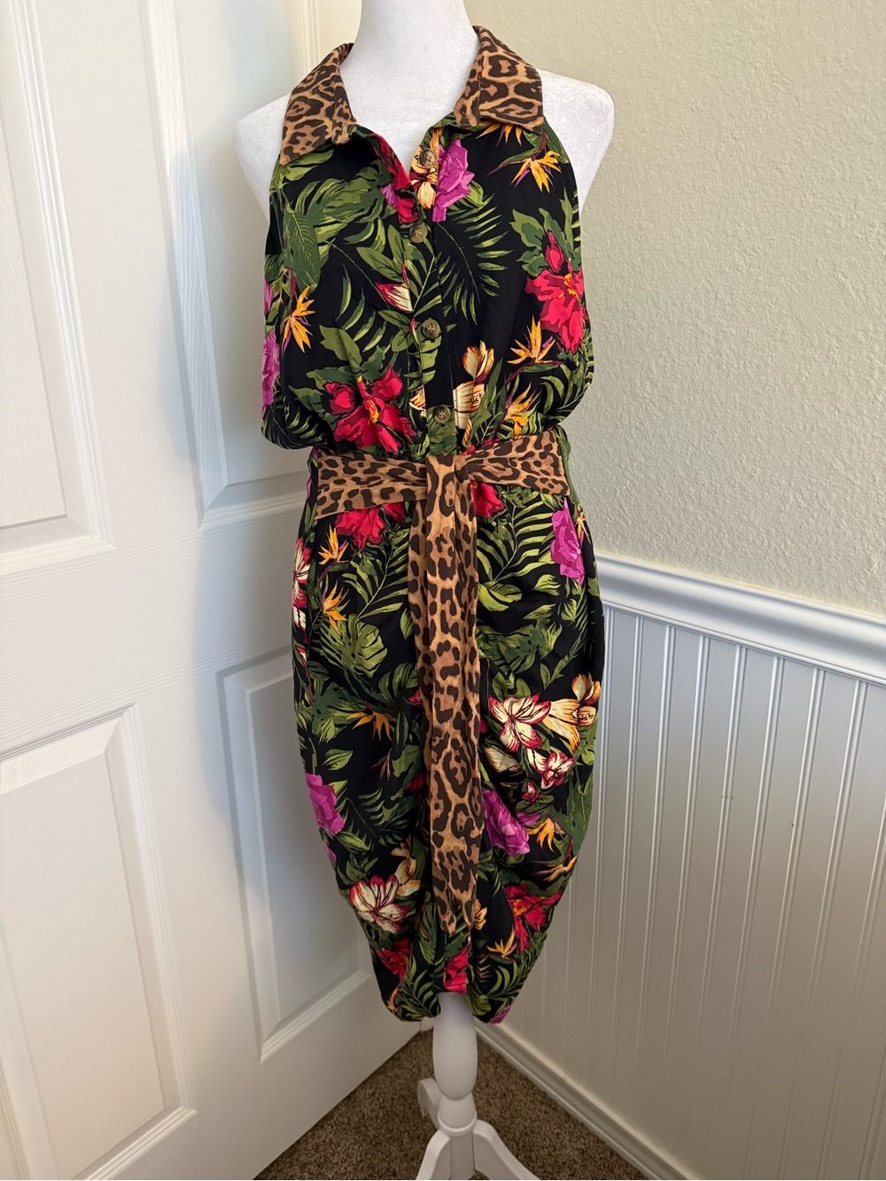 VENUS Tropical Floral Midi Dress with Leopard Trim
